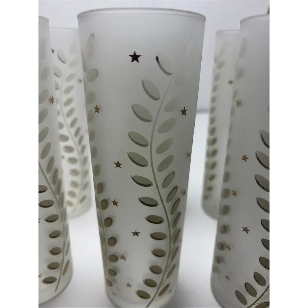 6 Libbey Tom Collins Zombie Frosted Glasses Ferns & Gold Stars 12oz 7x2.5